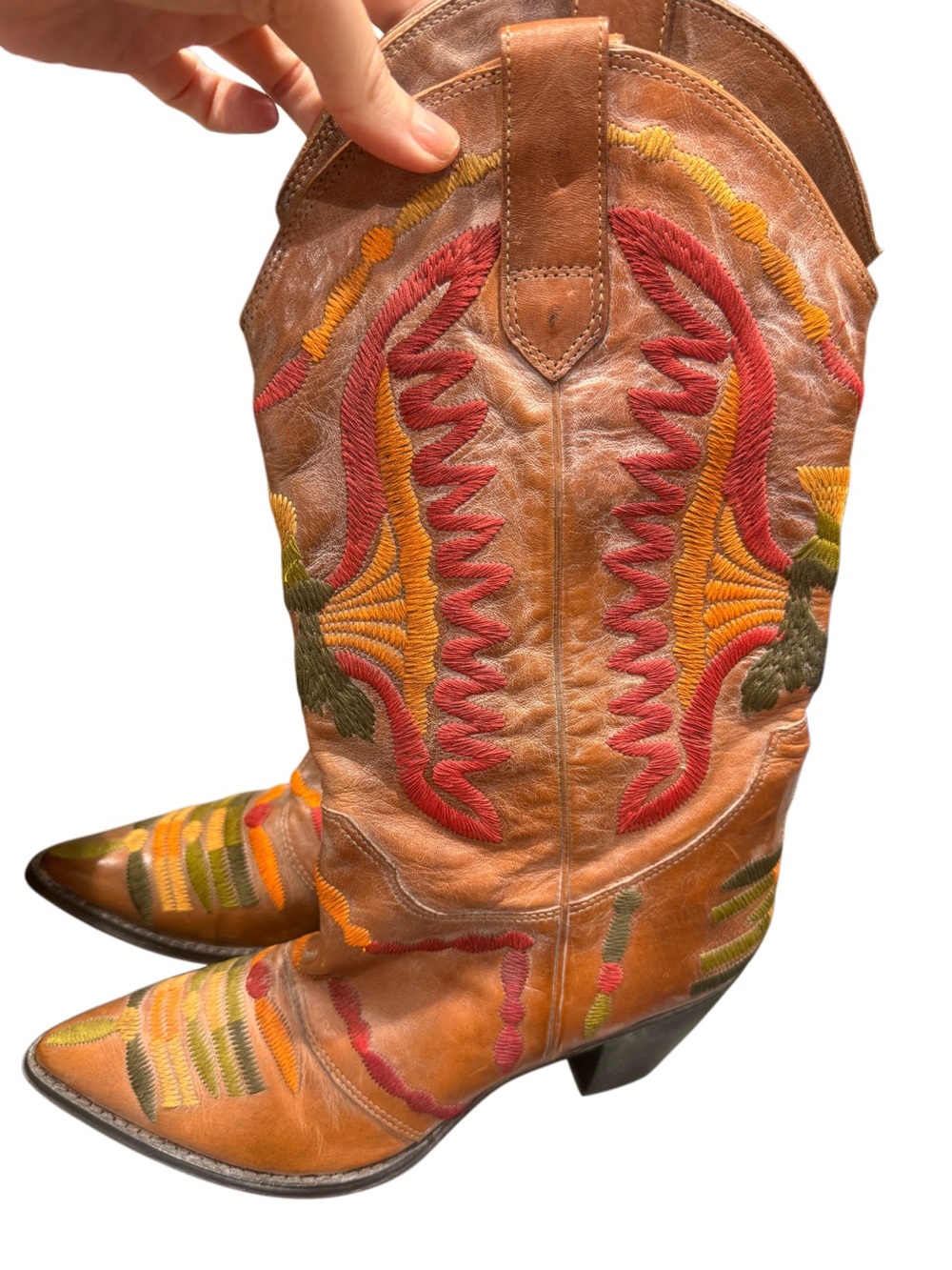 New vtg Vanelli Women’s Embroidered Western Cowboy Boots tan leather Stitching